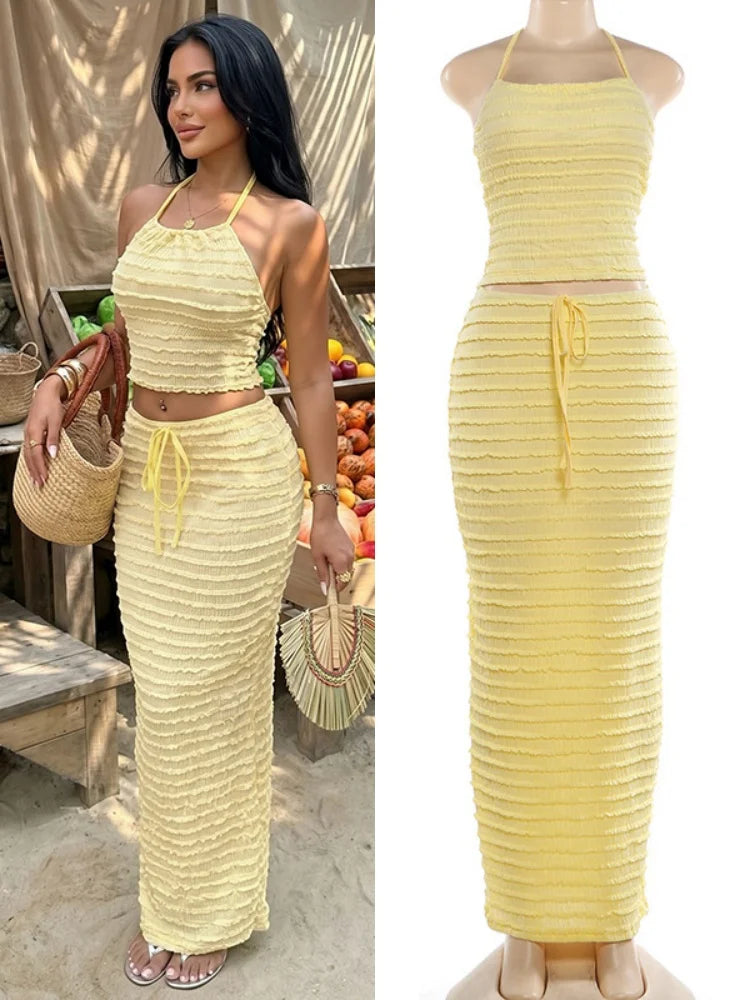 Women's Halter Two Piece Set Yellow Ruffle - Detail View 7