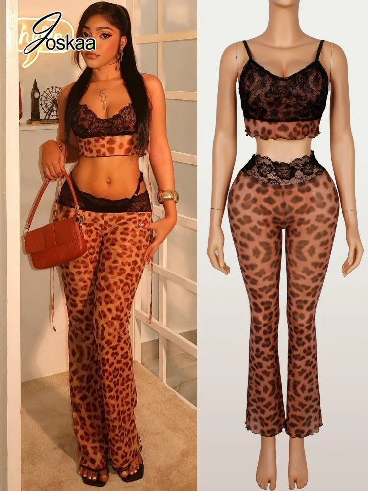 Women's Leopard Print Mesh Lace Sleeveless Two Piece Set - Women's Fashion Wholesale - Front View