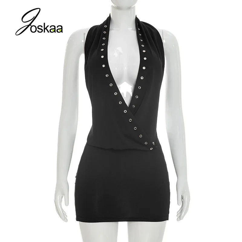 Women's Backless Halter Mini Two Piece Set Black – Back View