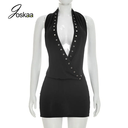 Women's Backless Halter Mini Two Piece Set Black – Back View