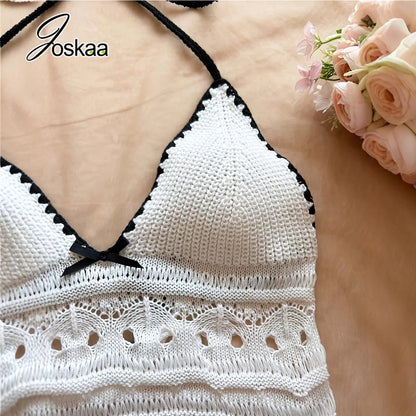 Women's Knit Halter Crop Mini Two Piece Set White – Detail View