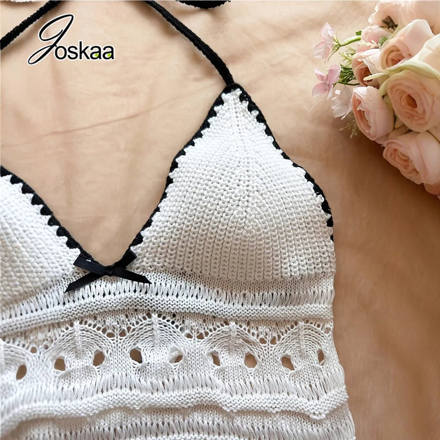 Women's Knit Halter Crop Mini Two Piece Set White – Detail View