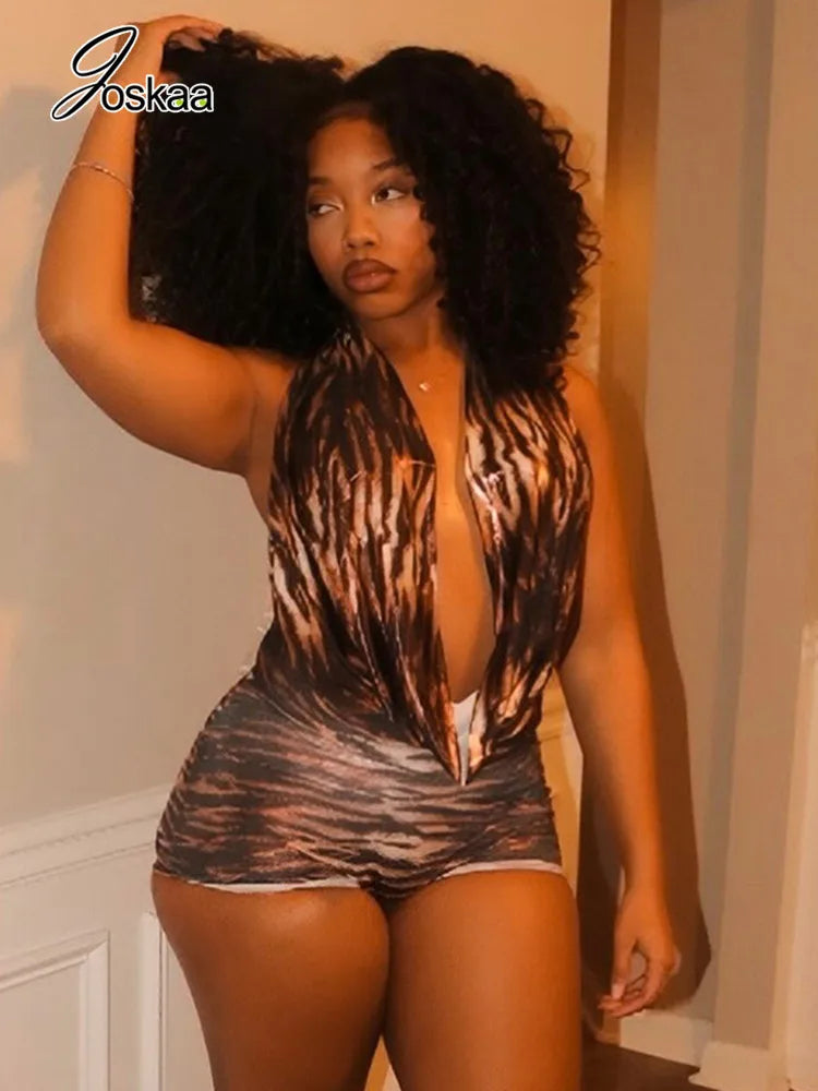 Women's Backless Halter Sleeveless Romper Brown – Front View