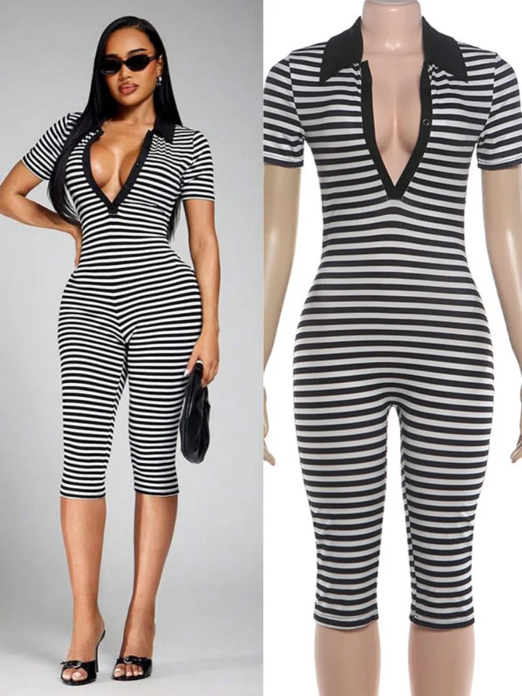 Women's Striped V-neck Bodycon Romper - Additional View 8