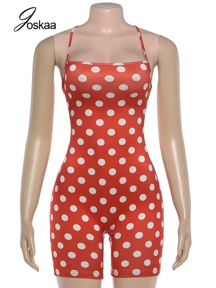Women's Polka Dot Backless Bodycon Romper Red – Back View
