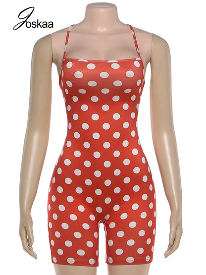 Women's Polka Dot Backless Bodycon Romper Red – Back View