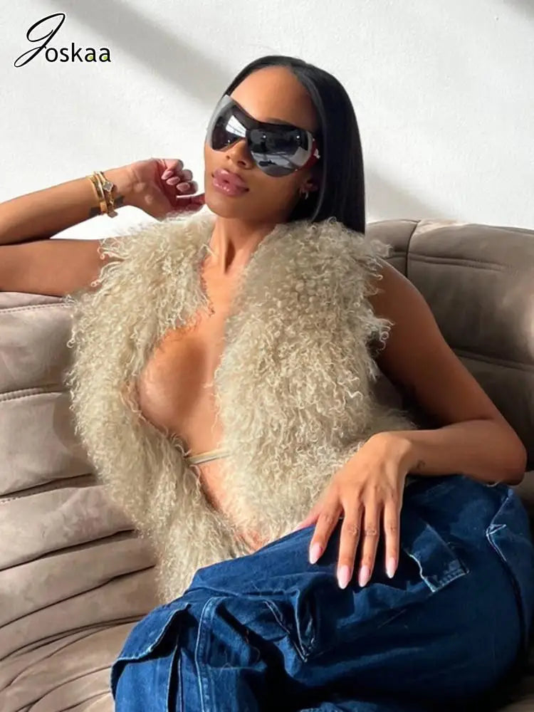 Women's Backless Halter Furry Vests Deep Jacket Apricot – Side View
