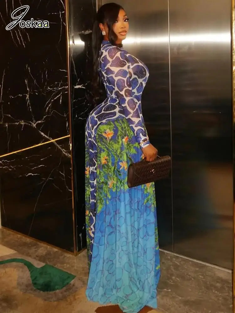 Women's Floral Print Mesh Long Sleeve Maxi Dress Blue Green – Side View