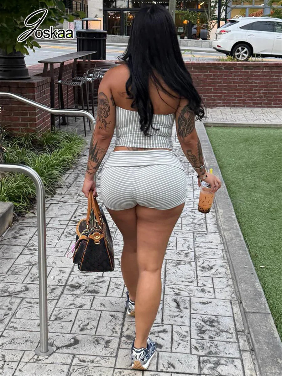 Women's Stripe Strapless Crop Two Piece Set Gray – Front View