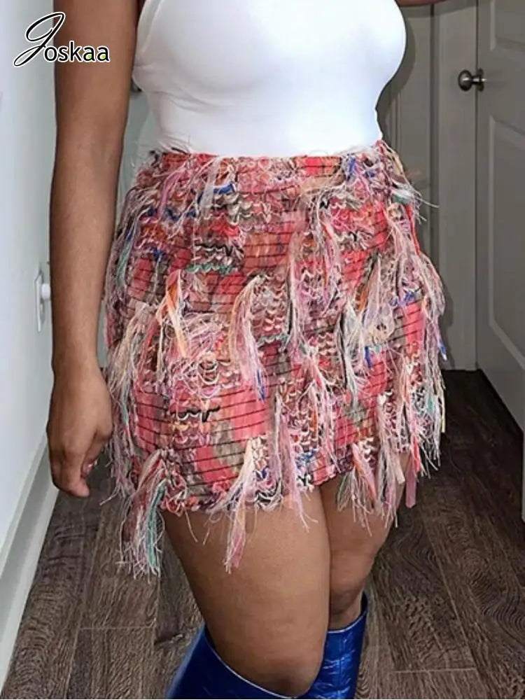 Women's Stripe Bodycon Mini Colorful Striped Tassel Skirt Black – Front View