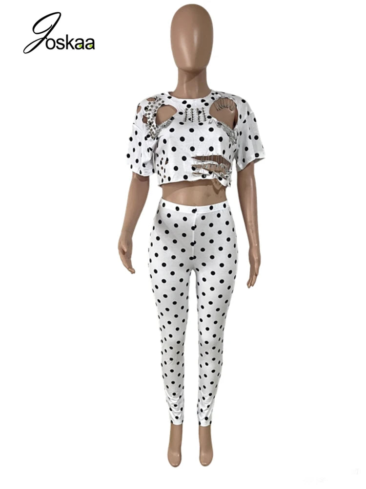 Women's Polka Dot Cutout Short Sleeve Two Piece Set Black – Detail View