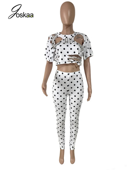 Women's Polka Dot Cutout Short Sleeve Two Piece Set Black – Detail View