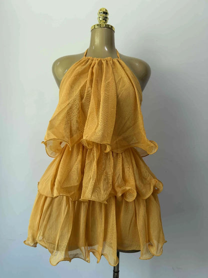 Joskaa Backless Halter Mini Dress Yellow Holiday Ruffles - mini dress image 2