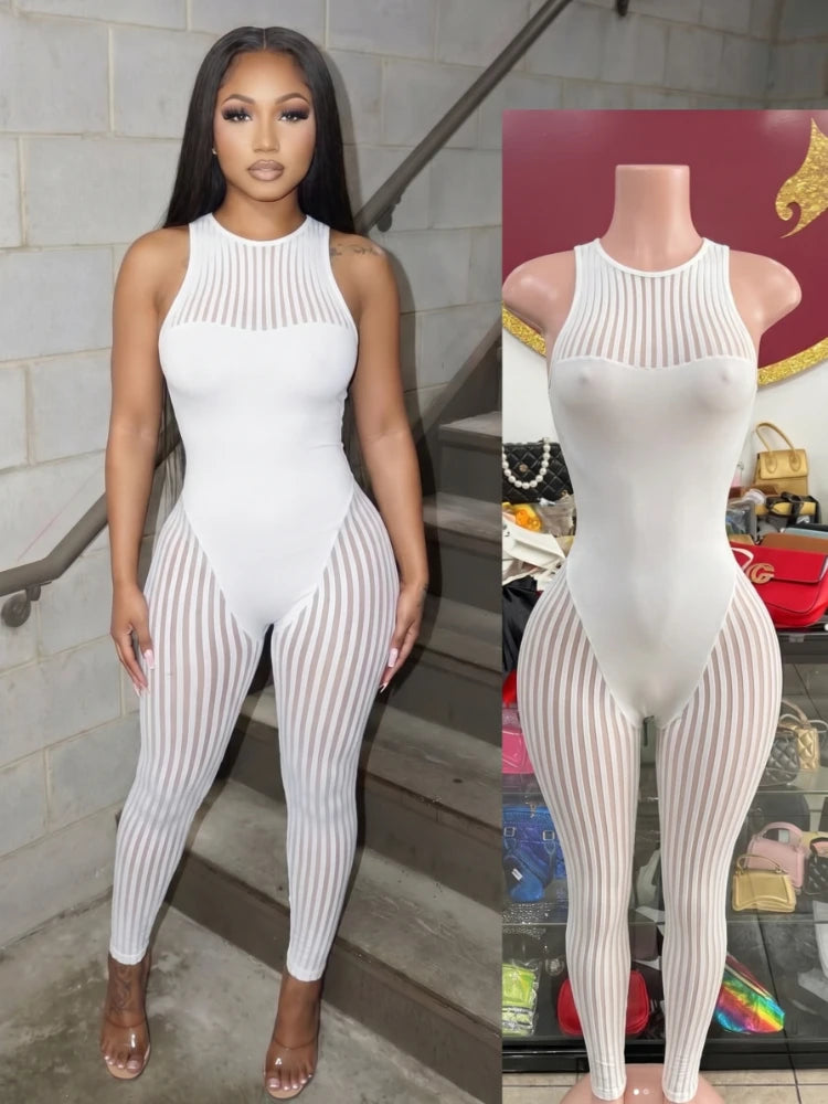 Women's Stripe Mesh Sleeveless Bodycon Romper