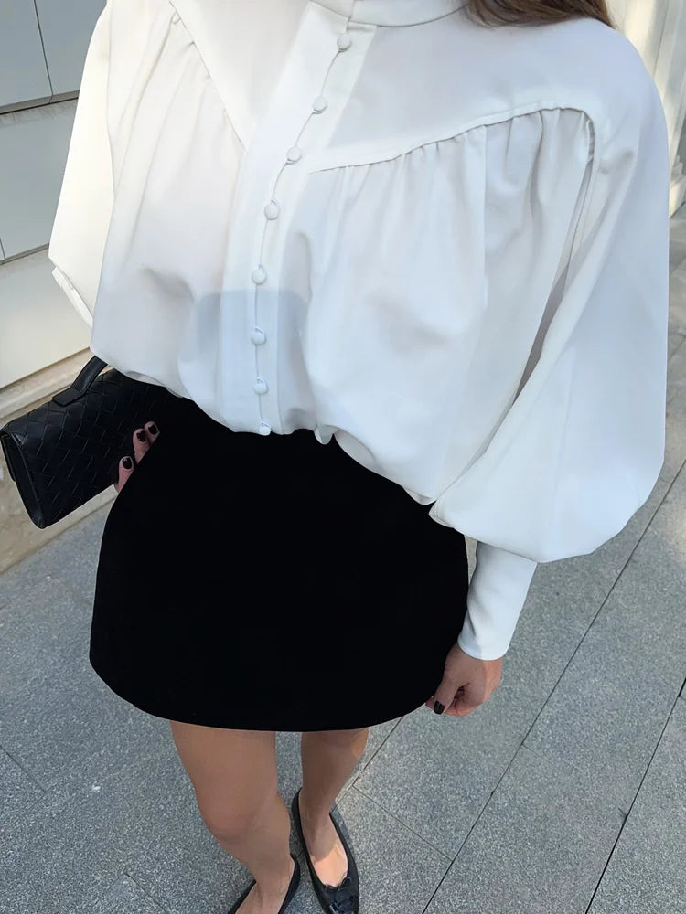Women's Long Sleeve French Design Chic Top White – Front View