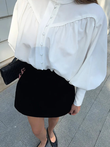 Women's Long Sleeve French Design Chic Top White – Front View