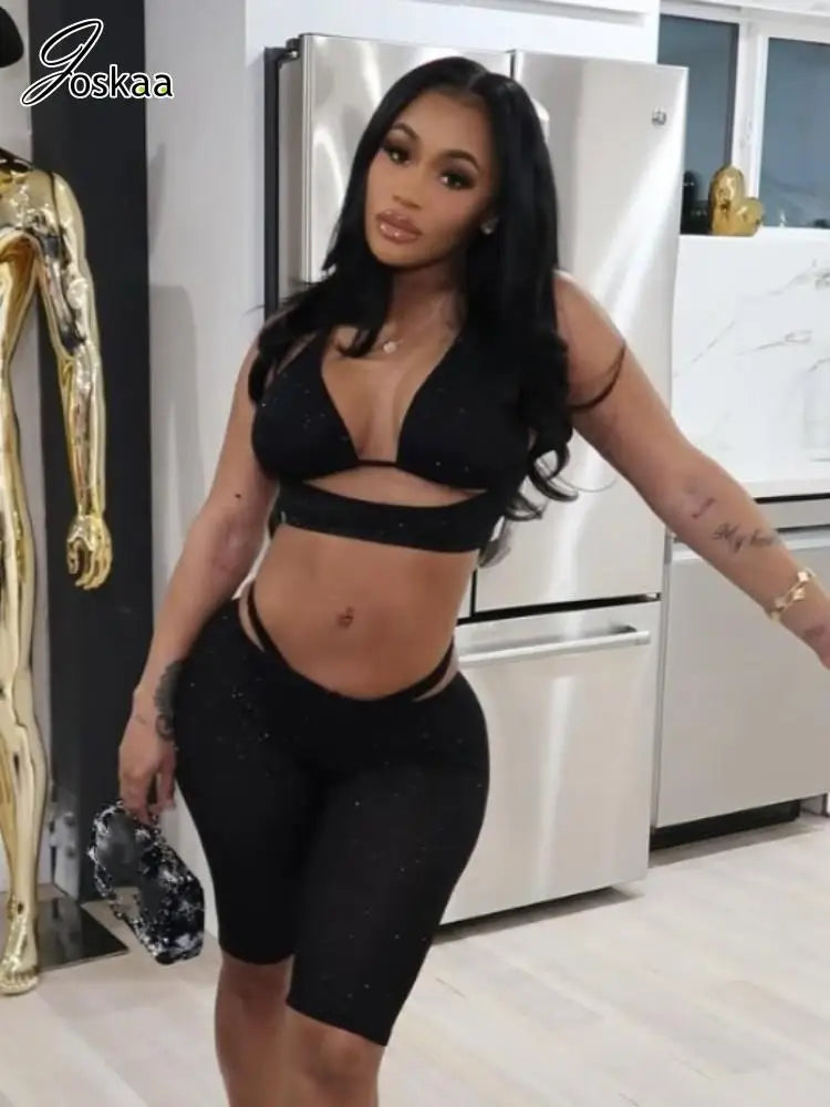 Women's Cutout Crop Black Tank Tops Two Piece Set Black – Front View