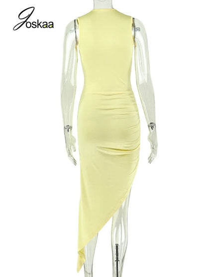 Women's Ruched V-neck Sleeveless One Shoulder Maxi Dress - Detail View
