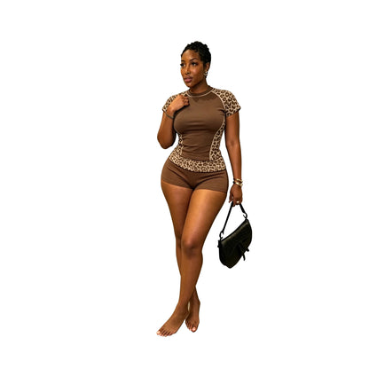 Women's Leopard Print Short Sleeve Crop Two Piece Set