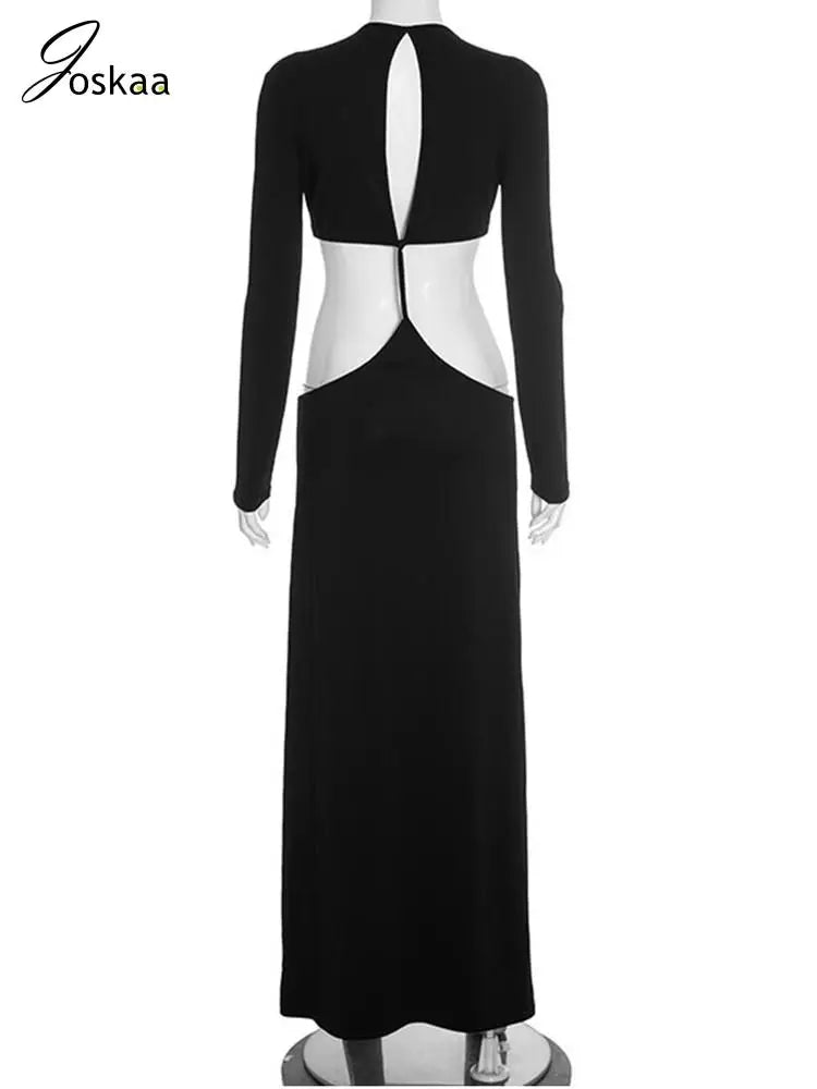 Women's Backless Cutout Long Sleeve Maxi Dress Black – Detail View