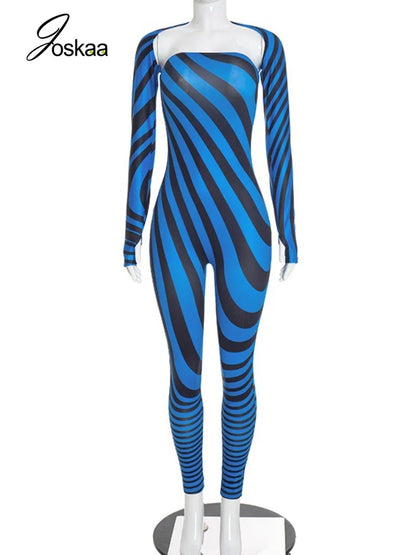 Women's Striped Strapless Long Sleeve Bodycon Two Piece Set - Back View
