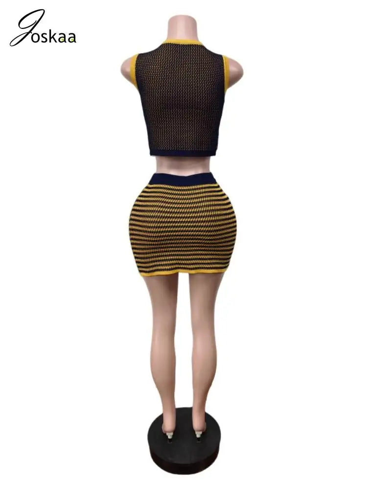 Women's Stripe Knit Crop Mini Two Piece Set Dark Blue – Detail View