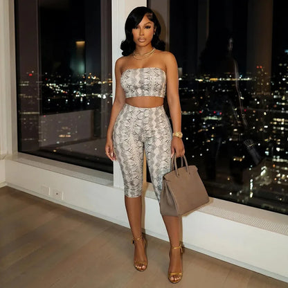 Women's Snake Print Strapless Crop Two Piece Set