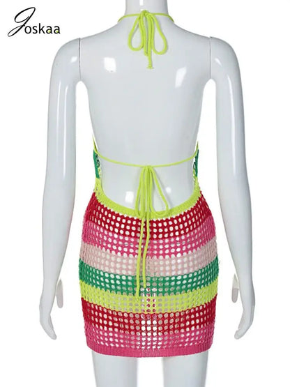 Women's Stripe Knit Backless Mini Bikini Set Colorful – Detail View