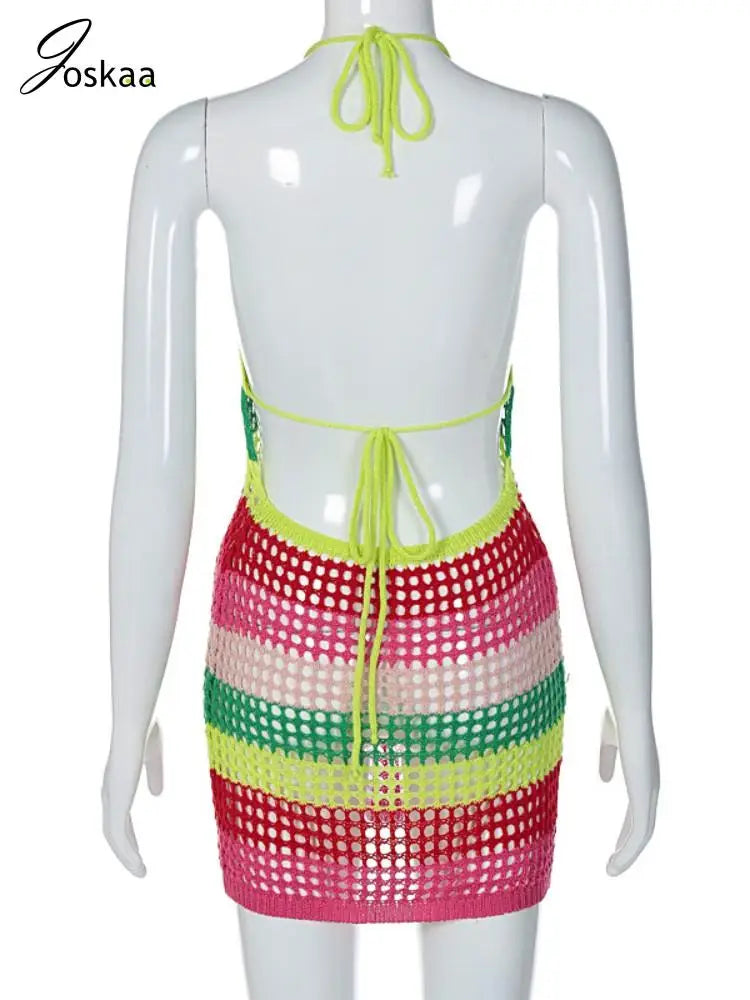 Women's Stripe Knit Backless Mini Bikini Set Colorful – Detail View