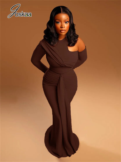 Women's Ruched Long Sleeve Bodycon Maxi Dress Black – Side View