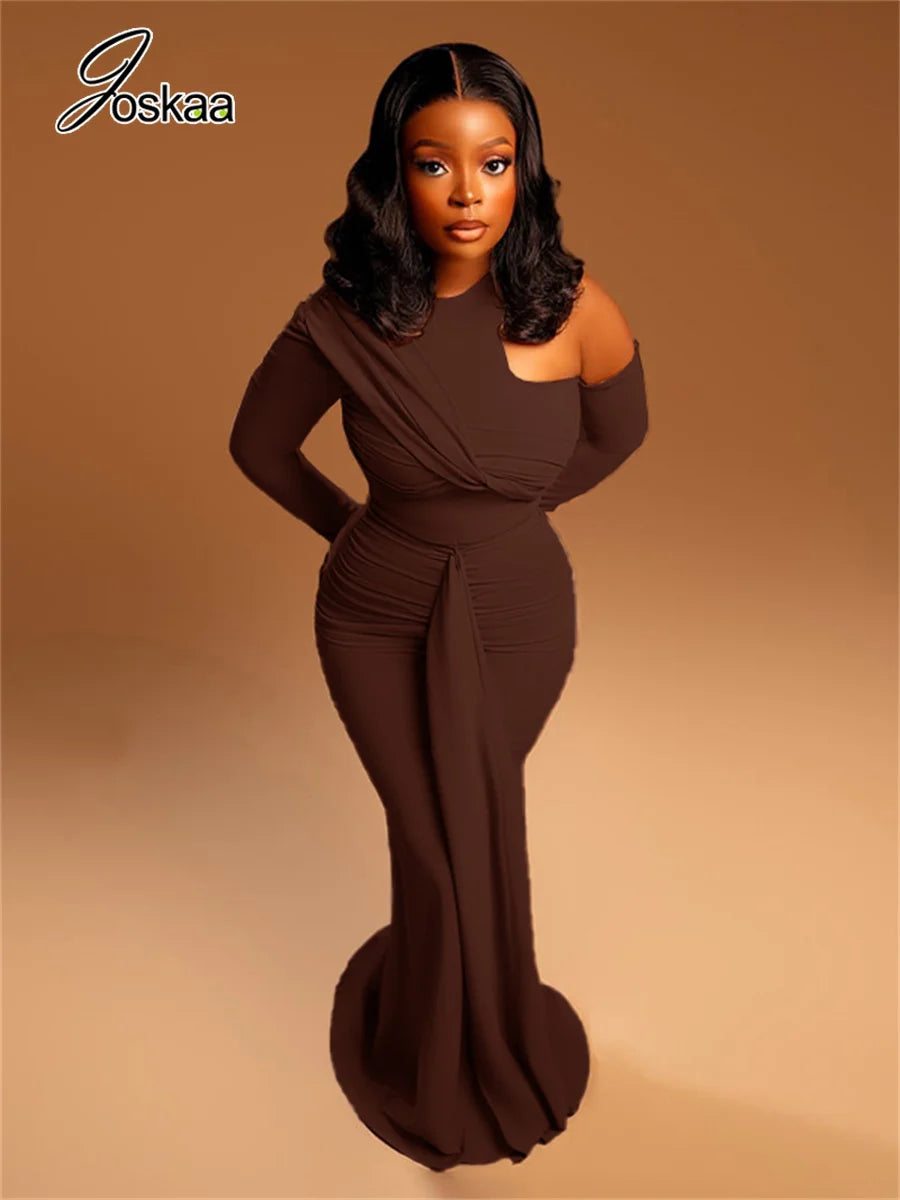 Women's Ruched Long Sleeve Bodycon Maxi Dress Black – Side View