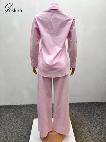Women's Long Sleeve Flare Wide Leg Two Piece Set Pink – Detail View