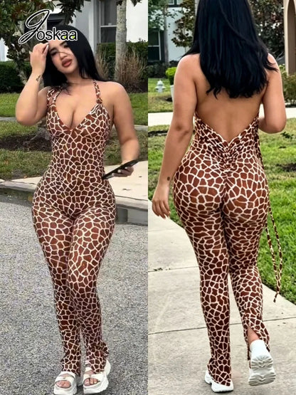 Women's Backless Halter Bodycon Flare Romper Giraffe Pattern – Side View