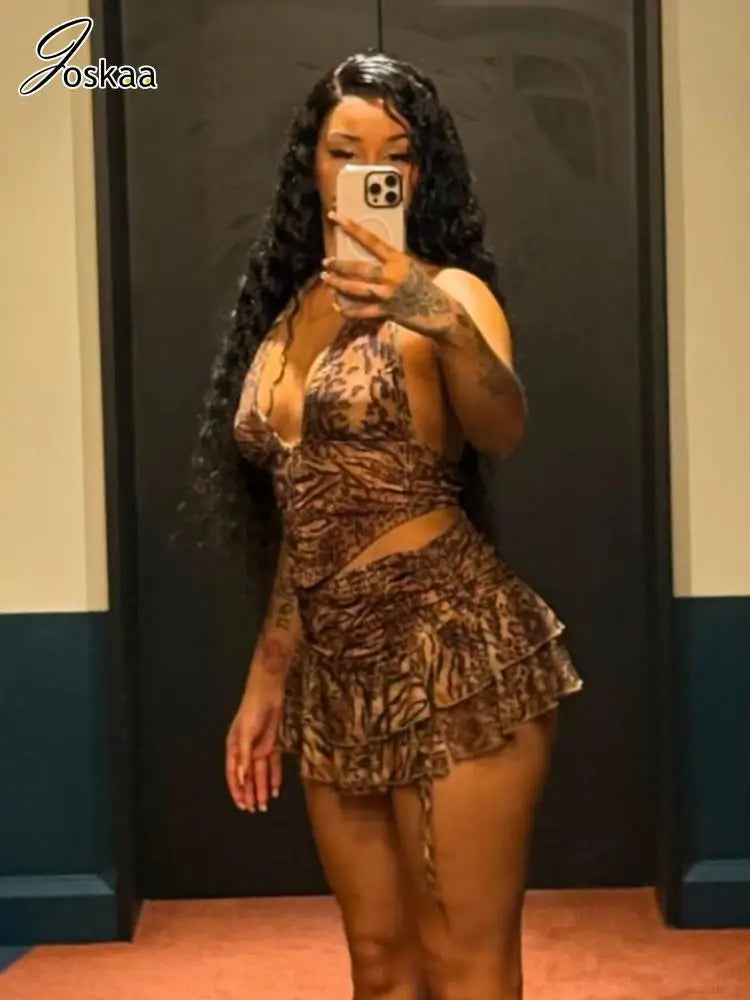 Women's Leopard Print Backless Halter Two Piece Set Leopard Print – Front View