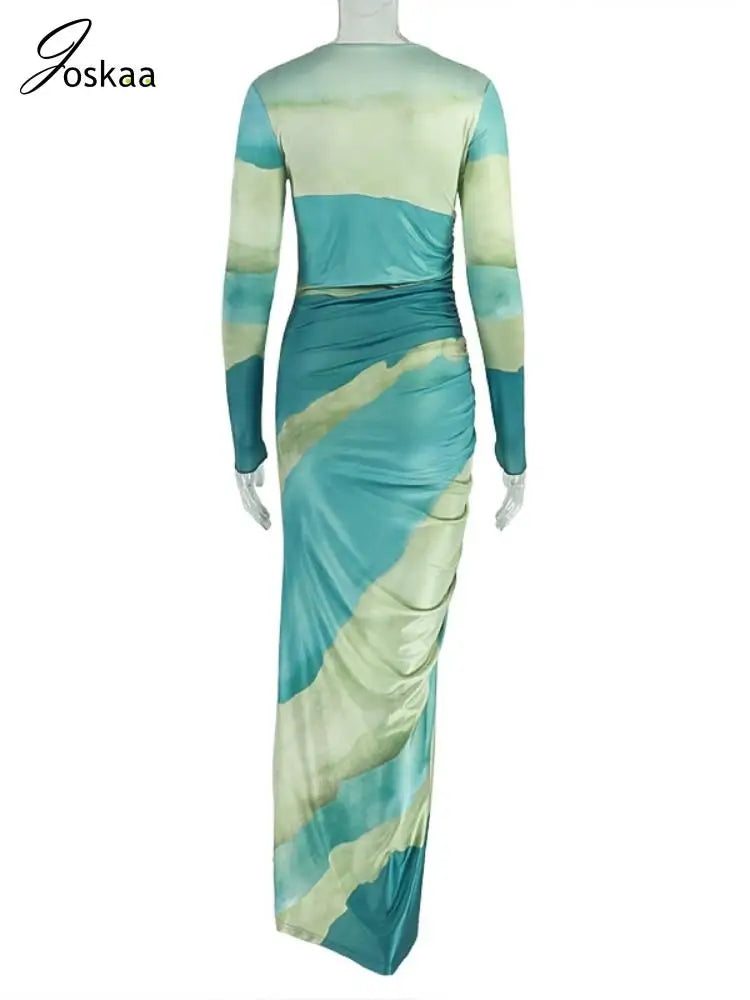 Women's Long Sleeve Bodycon Pleated Maxi Dress Blue Green – Detail View