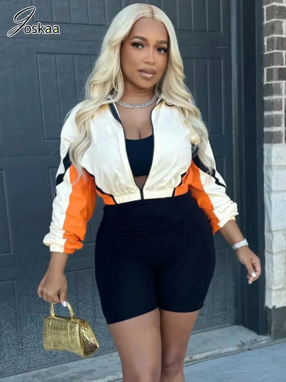 Women's Long Sleeve Crop Zip Two Piece Set Orange – Side View