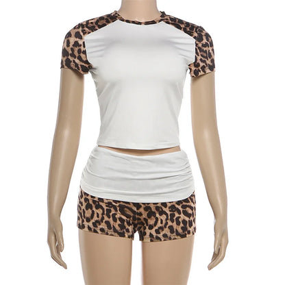 Women's Leopard Print Ruched Short Sleeve Two Piece Set