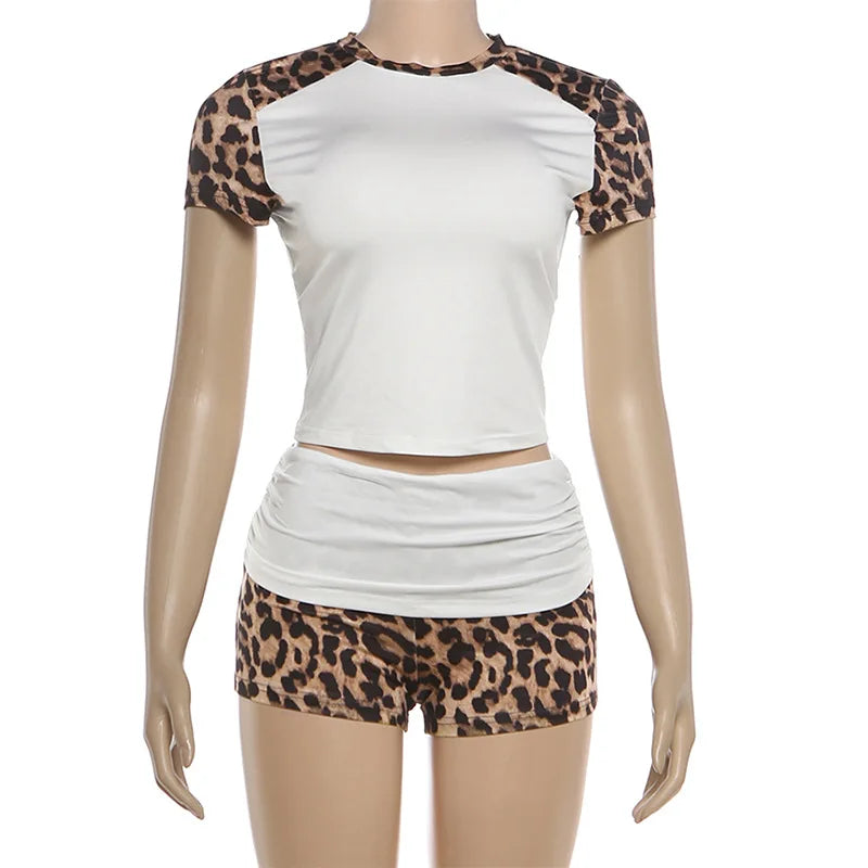 Women's Leopard Print Ruched Short Sleeve Two Piece Set