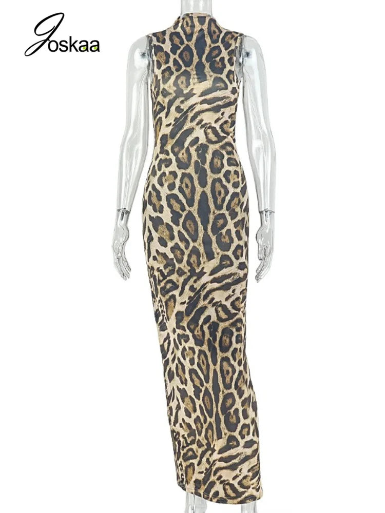 Women's Leopard Print Sleeveless Bodycon Maxi Dress - Back View