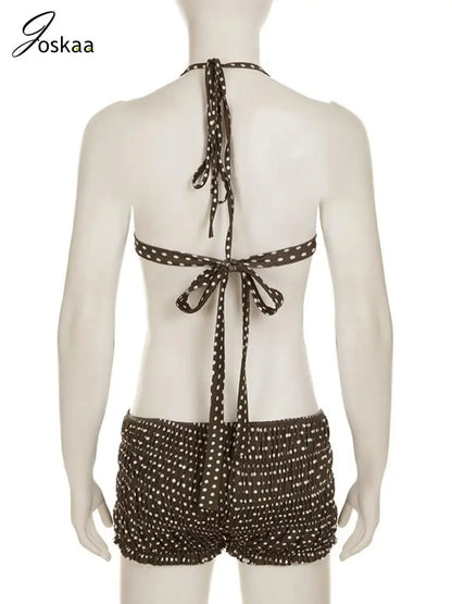 Women's Polka Dot Backless Halter Bikini Set Brown – Detail View