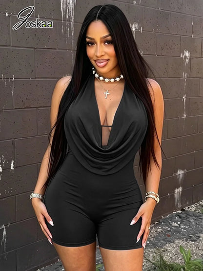 Women's Backless Halter Sleeveless Bodycon Romper - Front View