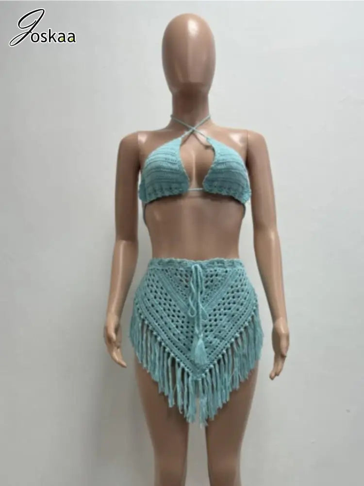 Women's Knit Halter Ribbed Two Piece Set Light Pink – Detail View