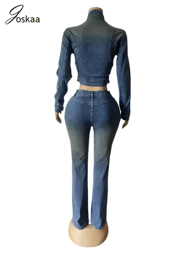 Women's Denim Long Sleeve Crop Two Piece Set Light Blue – Side View