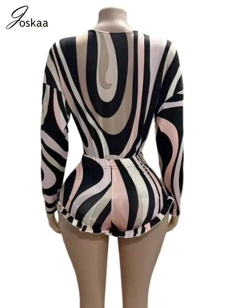 Women's Stripe Mesh Long Sleeve Two Piece Set Black And White – Back View