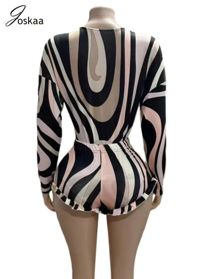 Women's Stripe Mesh Long Sleeve Two Piece Set Black And White – Back View