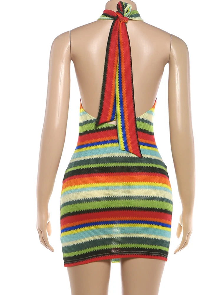 Joskaa Stripe Ribbed Knit Backless Halter Mini Dress - mini dress image 4