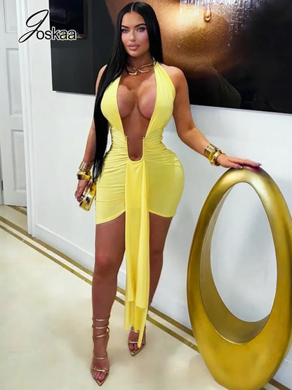 Women's Backless Halter Sleeveless Mini Dress Yellow – Side View