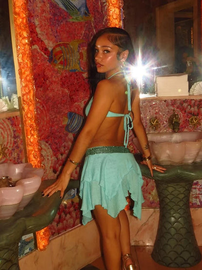 Women's Sequin Lace Backless Cutout Mini Dress Green – Side View