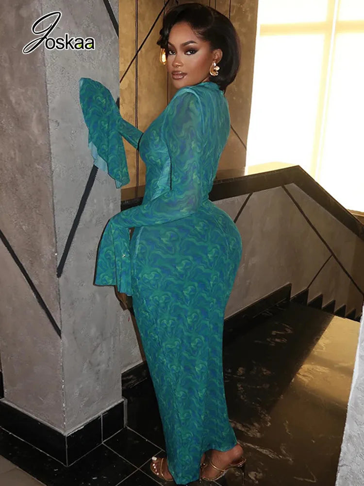 Women's Mesh Long Sleeve Bodycon Maxi Dress Peacock Green – Front View
