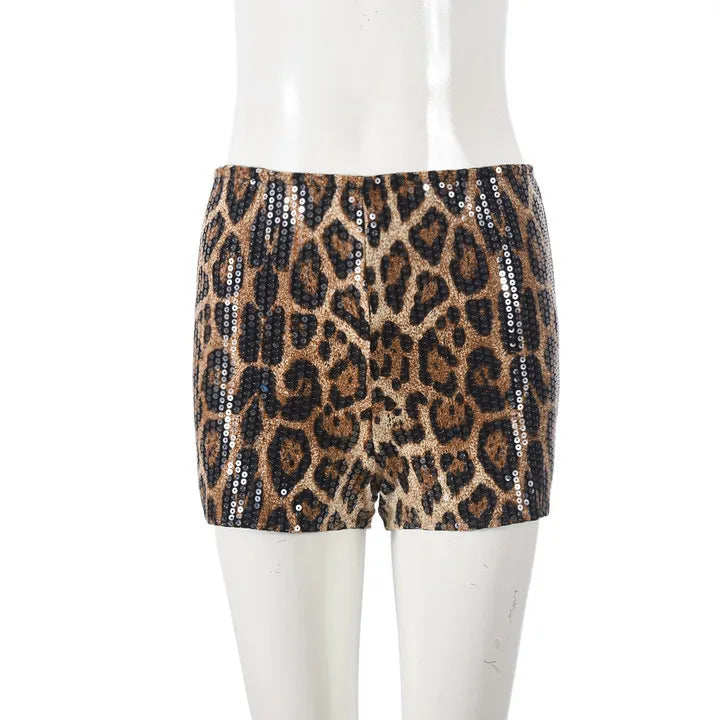 Women's Leopard Print Sequin Sequins Shorts Biker Pants
